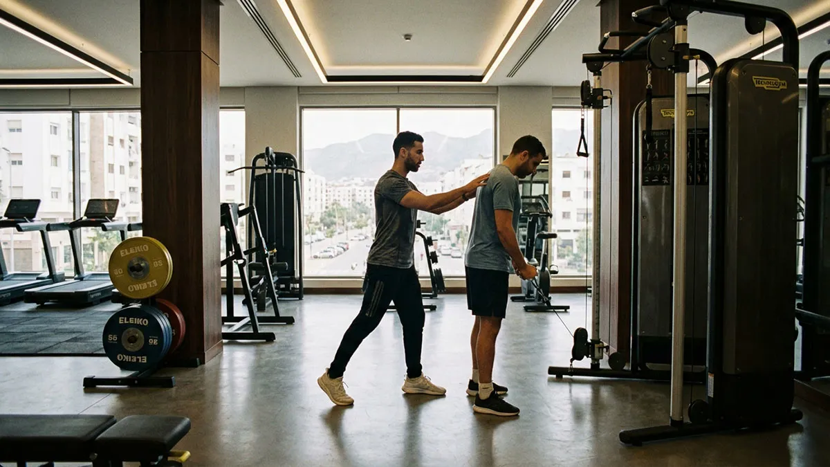 coach sportif à Agadir accompagnant une séance personnalisée en salle