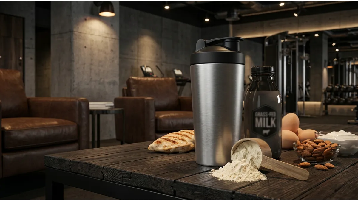 Whey protéine à Agadir expliquée avec shaker et poudre protéinée