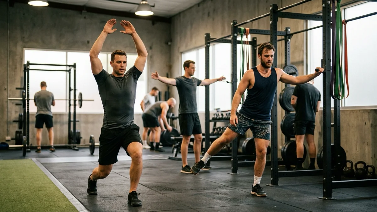 Échauffement avant musculation, hommes pratiquant des exercices dynamiques et de mobilité.