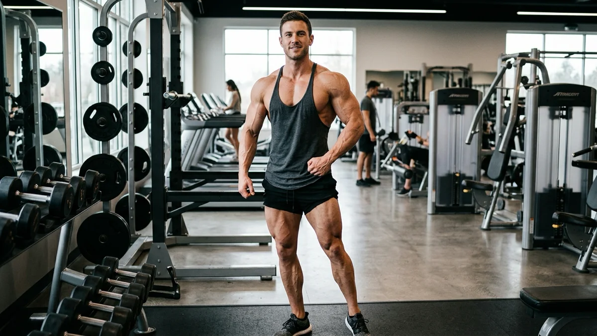 Un homme montrant ses muscles après un clean bulk réussi.