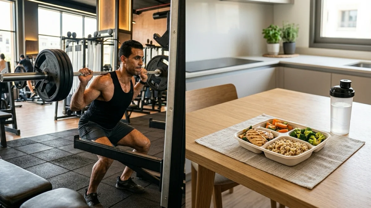 Un homme dans une salle de sport haut de gamme à Agadir, en train de soulever des poids tout en surveillant son alimentation pour un clean bulk.