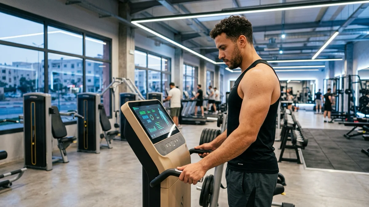 Un homme en train de mesurer sa composition corporelle à Moov Up Power Gym à Agadir, illustrant l'importance de la composition corporelle pour les résultats en fitness.