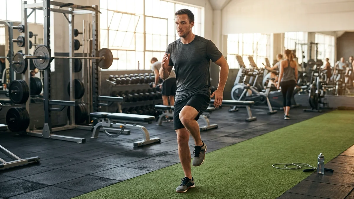 Échauffement avant musculation, un homme élève sa température corporelle avec des exercices dynamiques.
