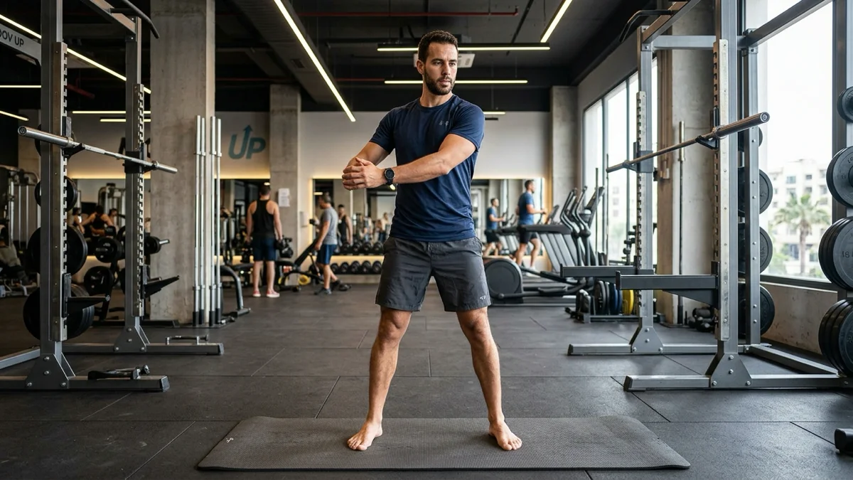Un homme en pleine séance d'échauffement avant musculation, s'étirant et se préparant à performer à Moov Up Power Gym à Agadir, illustrant l'échauffement avant musculation.