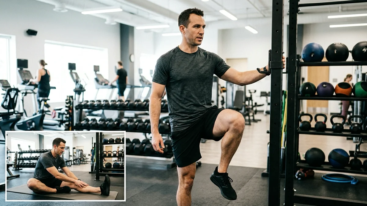 Échauffement avant musculation, un homme teste des étirements dynamiques et statiques.