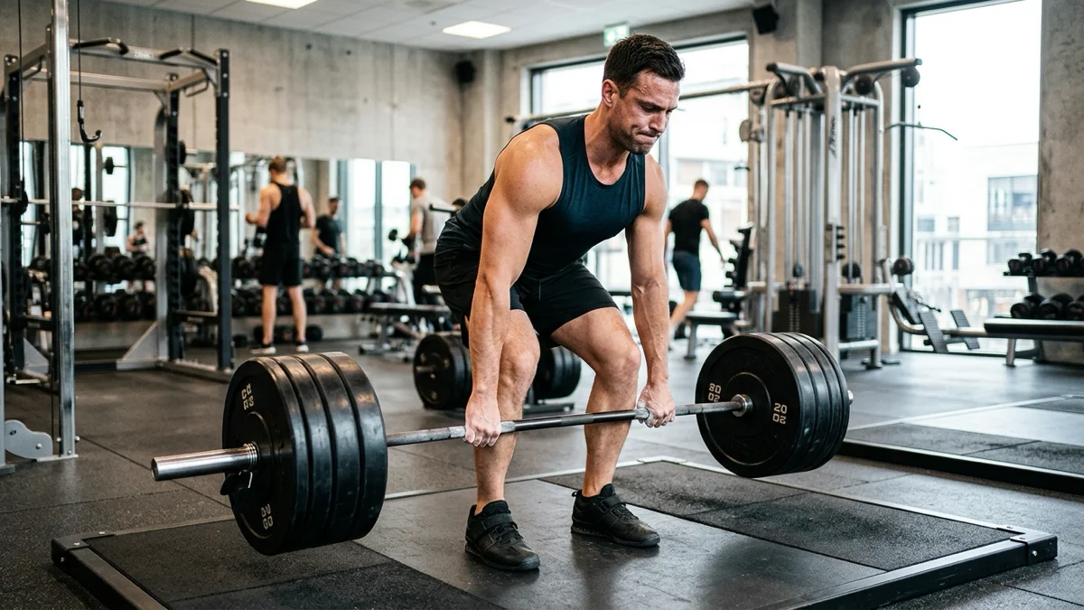 Homme en pleine séance d'entraînement full body, musculation dans une salle moderne avec équipement de qualité.