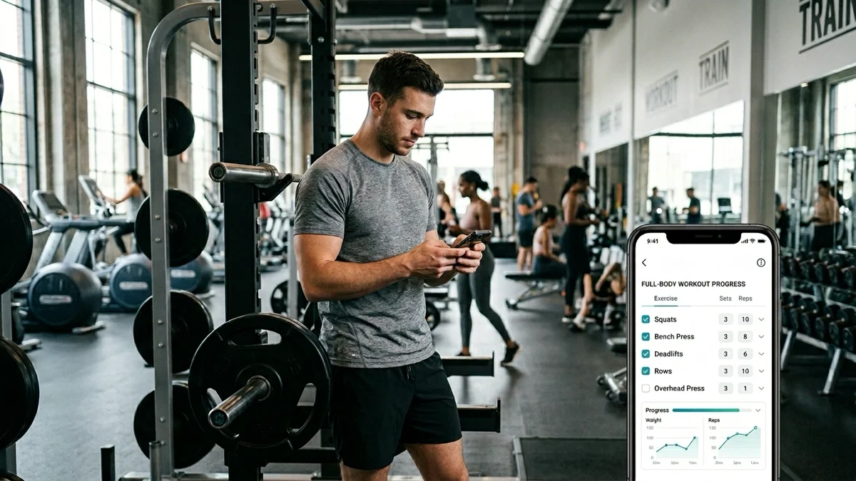 Un homme utilisant une application de fitness pour suivre ses progrès full body.