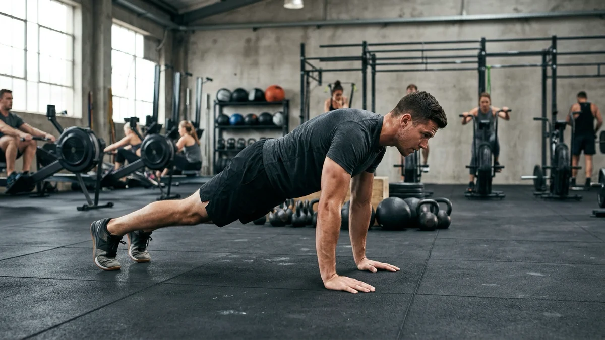 Des hommes réalisant des exercices de HIIT dans une salle de sport.