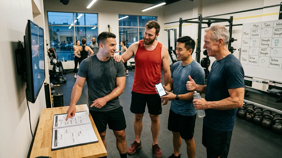 Hommes discutant des résultats de leur entraînement HIIT dans un gymnase.
