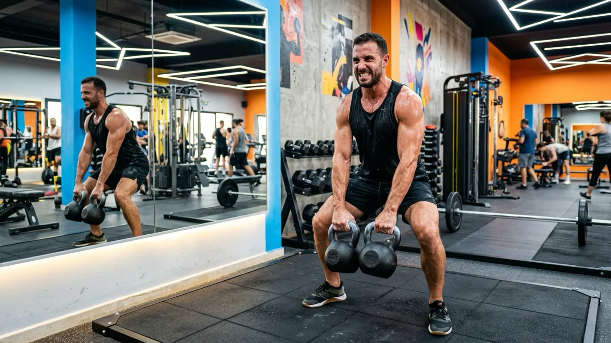 Un homme s'entraîne avec énergie dans une salle de sport premium à Agadir, pratiquant le HIIT avec un équipement moderne.