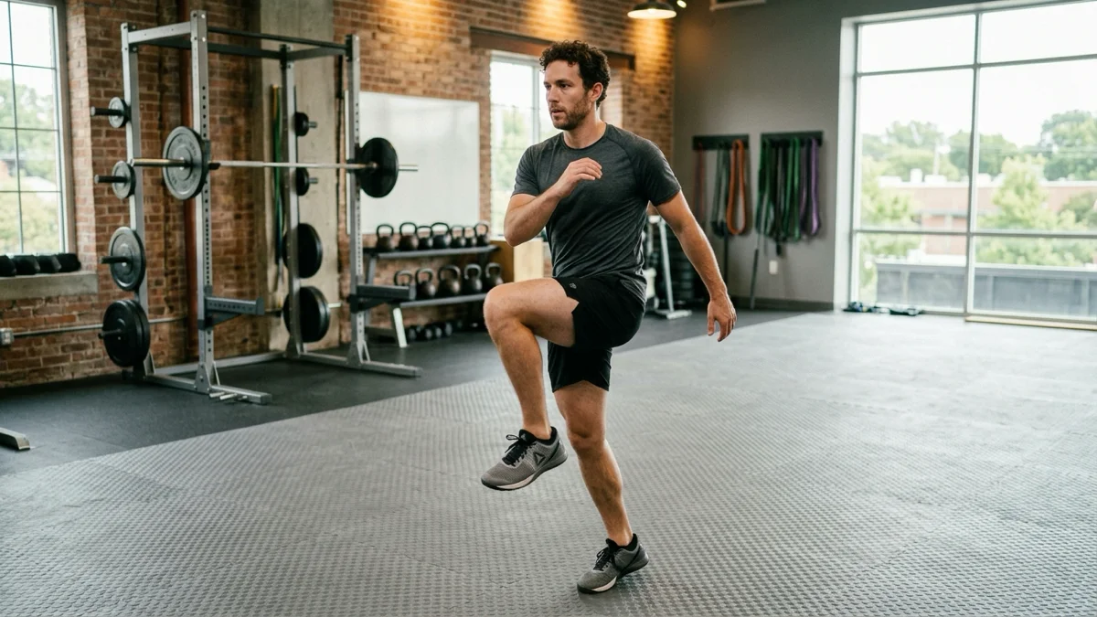 Un homme se préparant pour une séance de HIIT dans un gymnase.