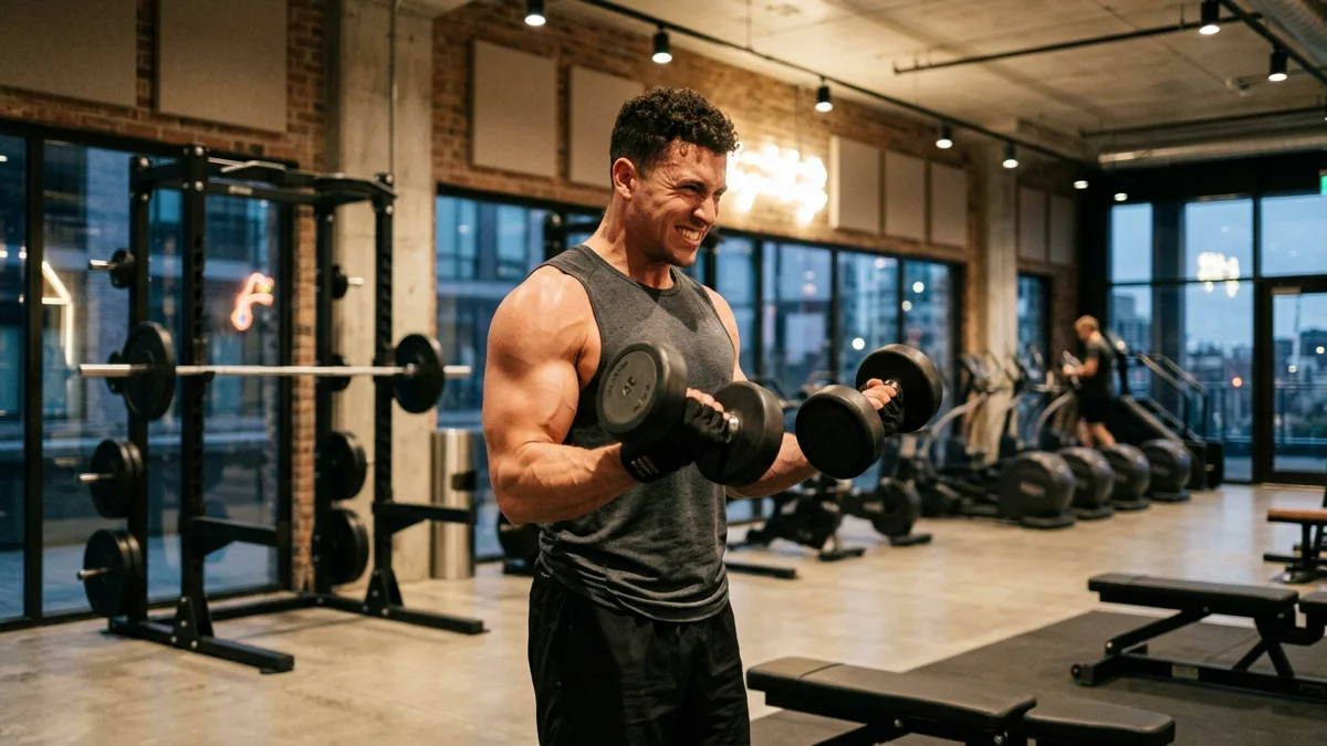 Un homme en train de soulever des poids dans une salle de gym, illustrant l'hypertrophie musculaire.