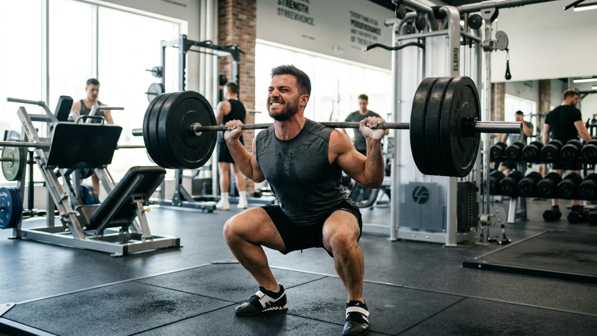 Homme s'entraînant à la musculation avec des poids dans un gymnase moderne à Agadir, illustrant l'hypertrophie musculaire.