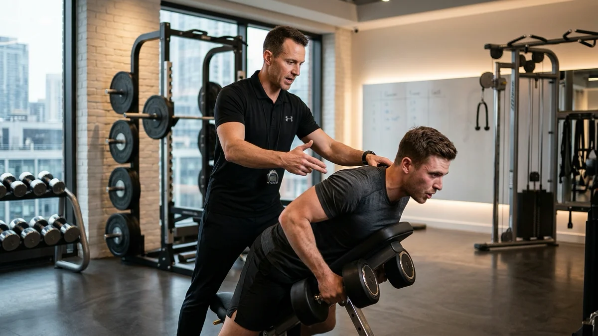 Un entraîneur guide un homme dans un programme d'entraînement pour l'hypertrophie musculaire.