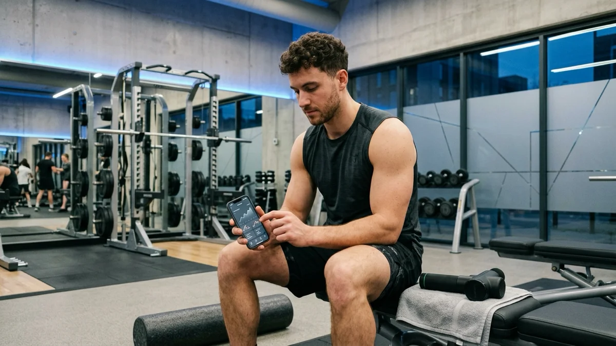 Un homme utilise une application mobile pour suivre sa progression en hypertrophie musculaire.