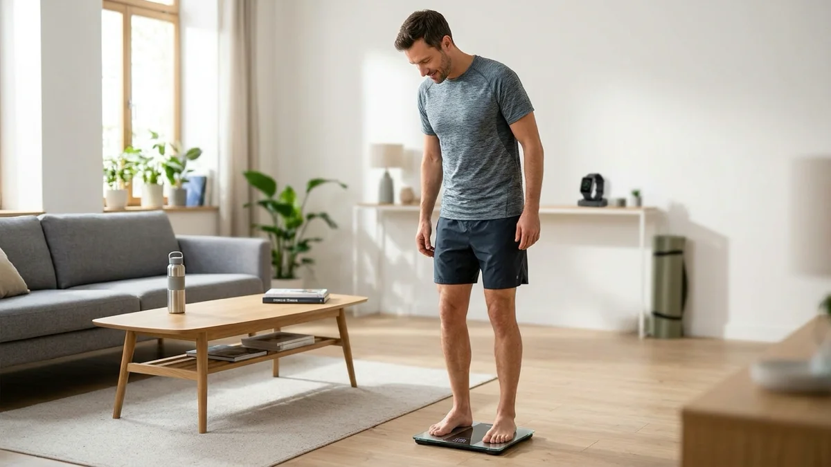 Une personne utilise une balance de bio-impédance pour mesurer la masse grasse.