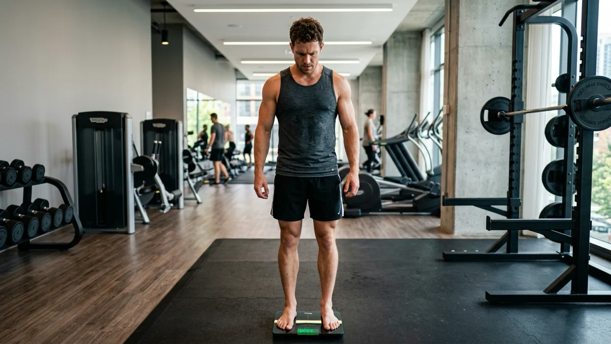 Un homme musclé utilisant une balance pour mesurer sa masse grasse dans un gym moderne, mettant en avant des équipements de qualité à Agadir.