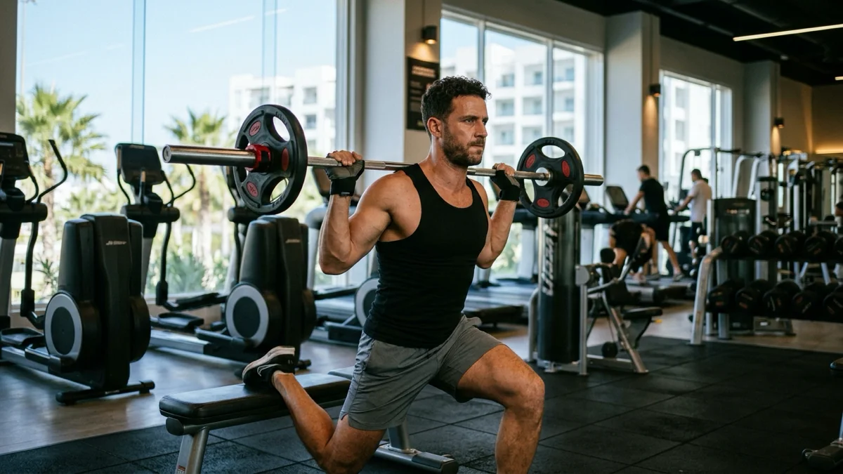 Un homme en train de faire un exercice de musculation en split à Moov Up Power Gym, Agadir, représentant le concept de split musculation.