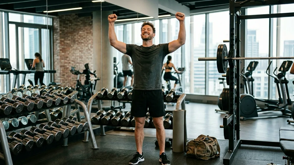 Un homme souriant après avoir terminé son programme de split musculation.
