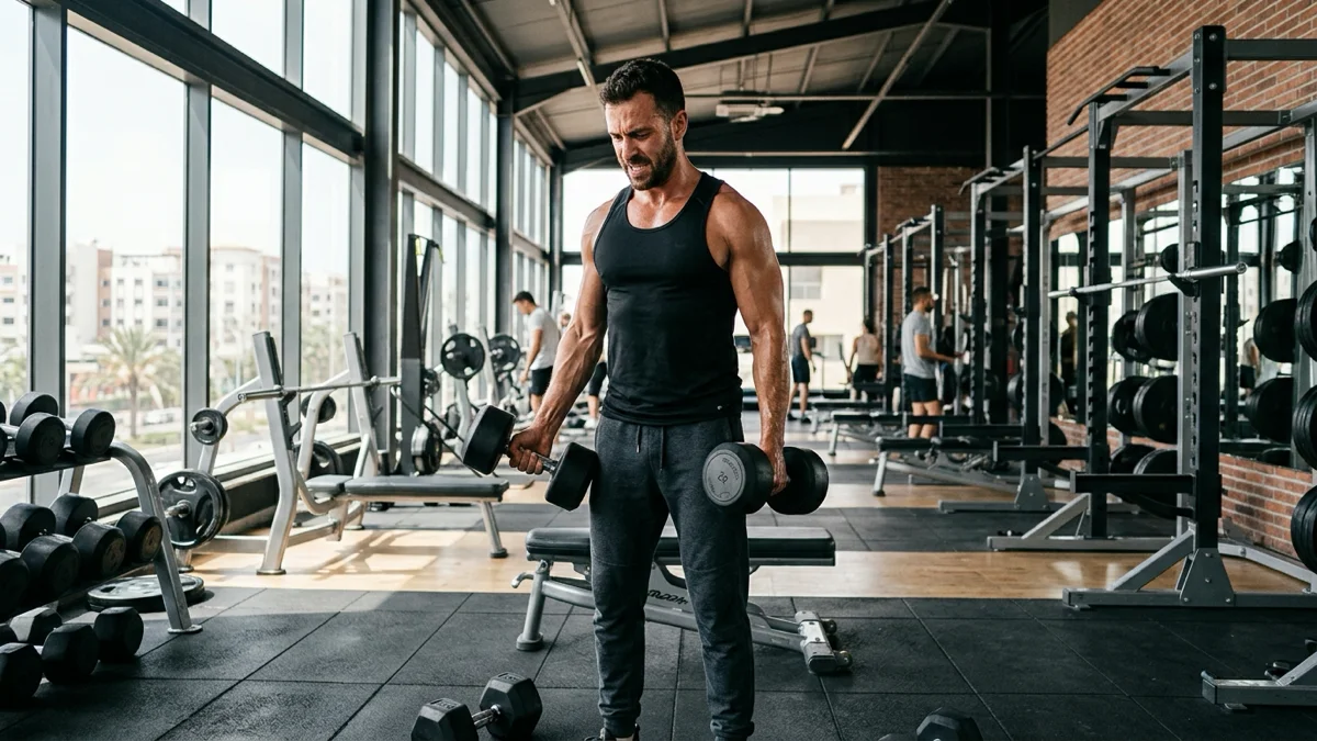 Un homme musclé s'entraîne avec des poids à Moov Up Power Gym à Agadir, illustrant la perte de poids.