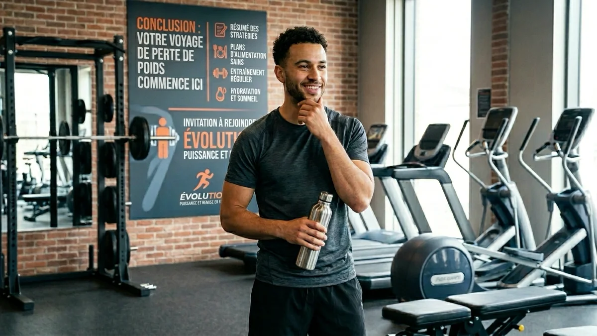 Homme heureux ayant atteint ses objectifs de perte de poids dans un cadre de gym moderne.