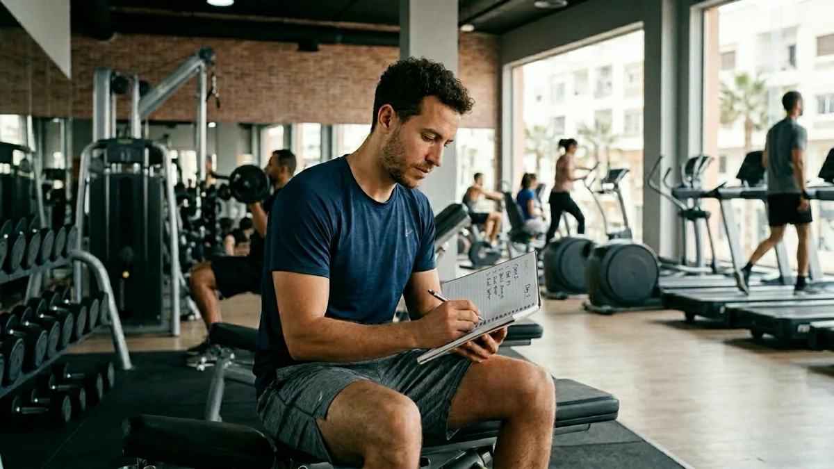 Un homme préparant sa première séance en salle de sport à Agadir, à Moov Up Power Gym.