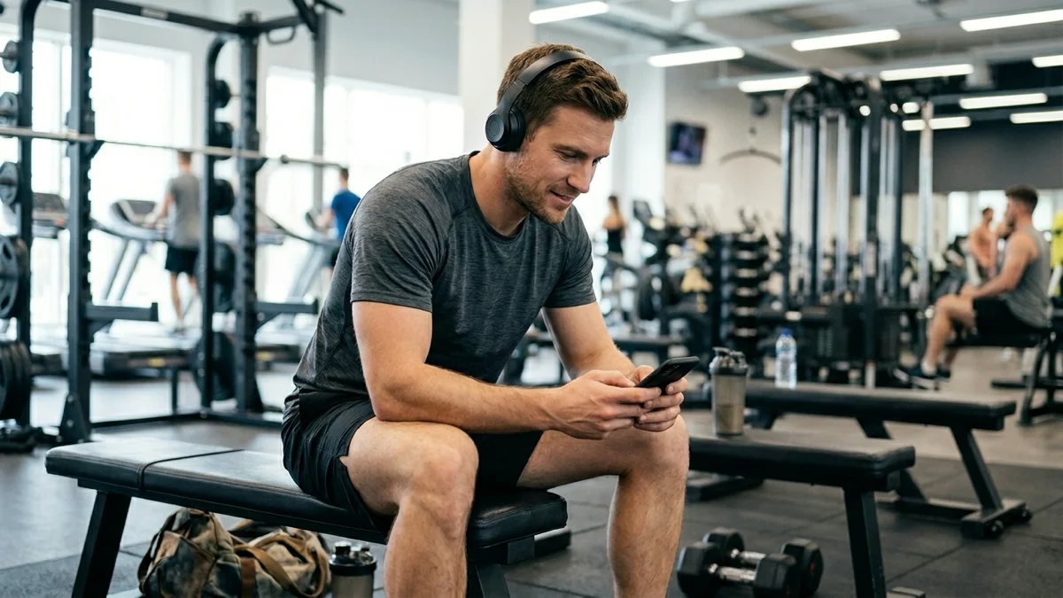 Un homme utilisant l'application mobile de Moov Up Power Gym pour suivre sa progression. — première séance en salle de sport