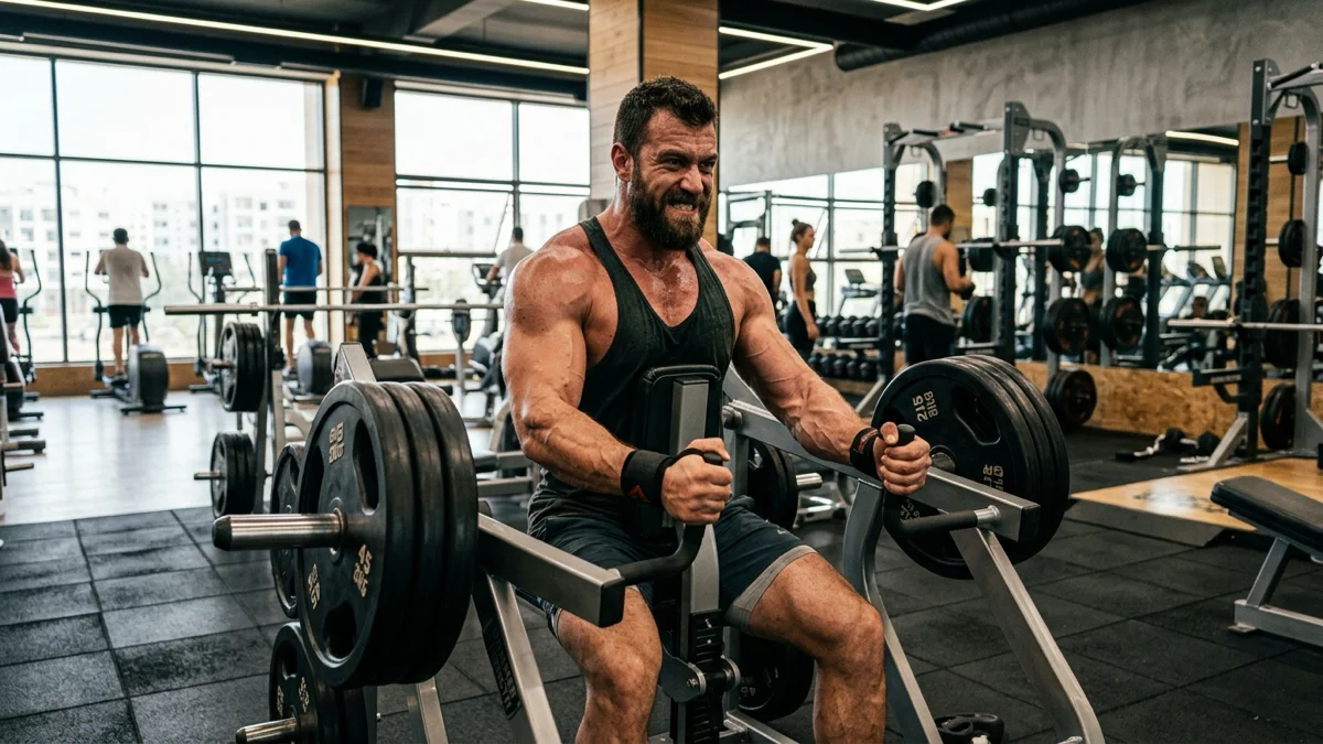 Un homme athlétique travaillant sur la prise de force dans une salle de sport moderne à Agadir, utilisant un équipement de musculation avec concentration et détermination.