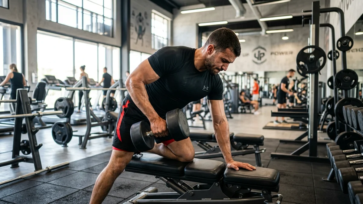 Un homme s'entraînant lors de sa première séance en salle de sport à Agadir, au Moov Up Power Gym, entouré d'équipements modernes. Cela représente bien la première séance en salle de sport.