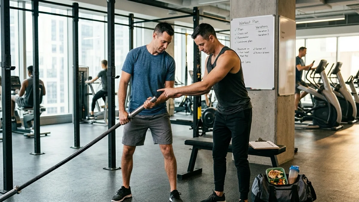 Un coach montrant un nouvel exercice à un homme pour stagner en musculation.