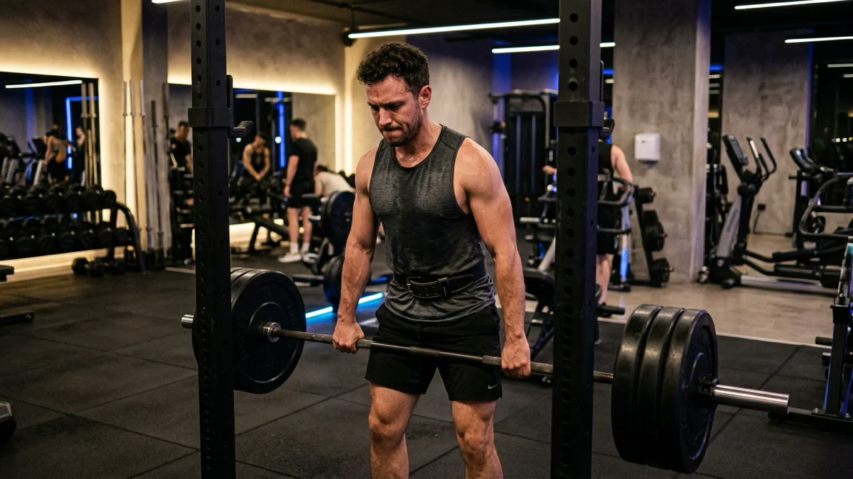 Un homme dans une salle de sport moderne, surmontant la stagnation en musculation par un effort concentré. — stagner en musculation