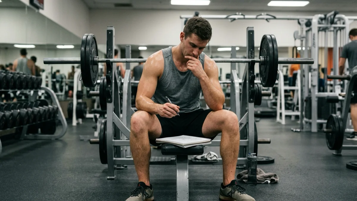Illustration d'un homme analysant ses performances entre les séries, lié au temps de repos en musculation.