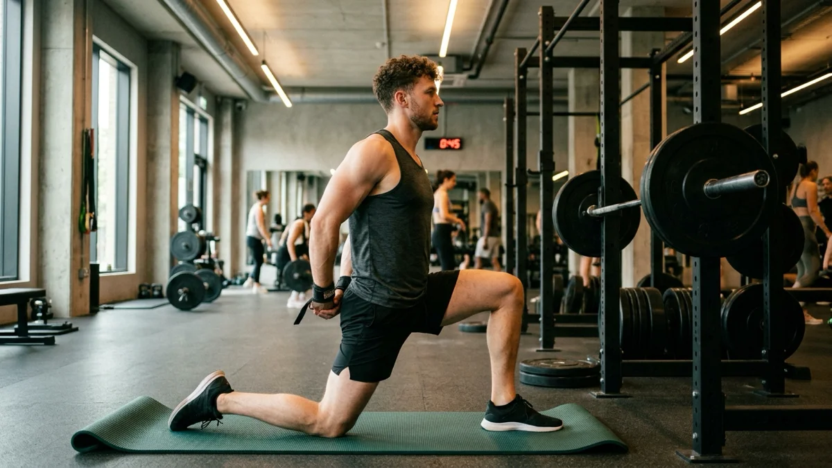 Un homme s'étirant entre les séries, démontrant les meilleures pratiques de temps de repos en musculation.