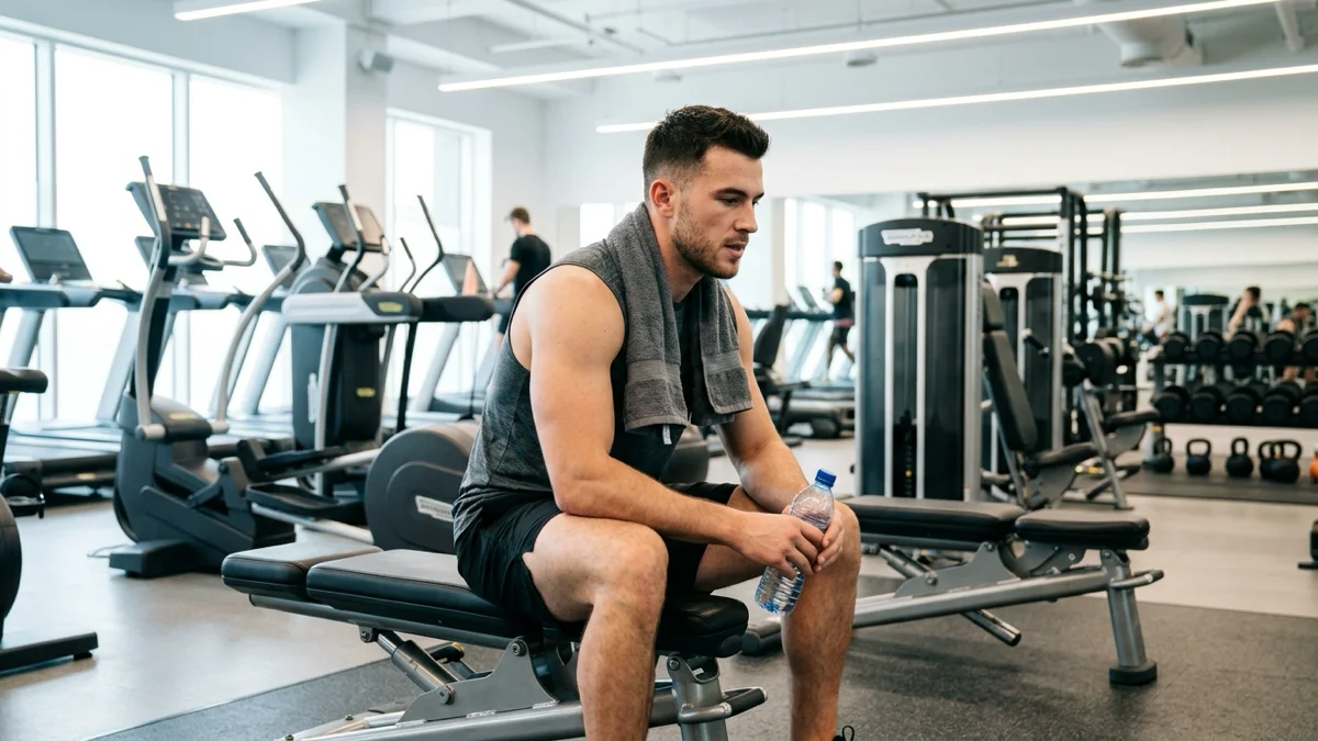 Un homme jeune, musclé, prenant une pause après un entraînement de musculation, sur le plateau d'un gym premium. Temps de repos en musculation.