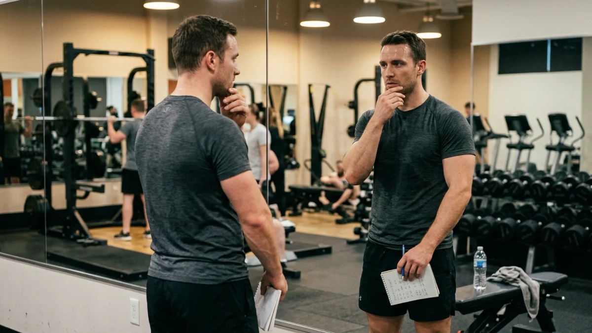 Un homme réfléchissant à ses résultats d'entraînement, en lien avec la personnalisation du temps de repos en musculation.