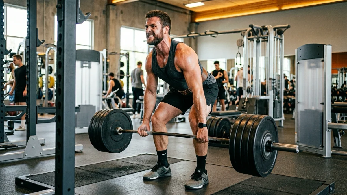 Un homme s'entraînant avec une barre de musculation, illustrant l'amplitude de mouvement en musculation pour optimiser les gains.