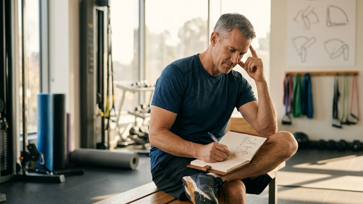 Un homme réfléchi après une séance d'entraînement, tenant un carnet de notes sur l'amplitude de mouvement. — amplitude de mouvement en musculation