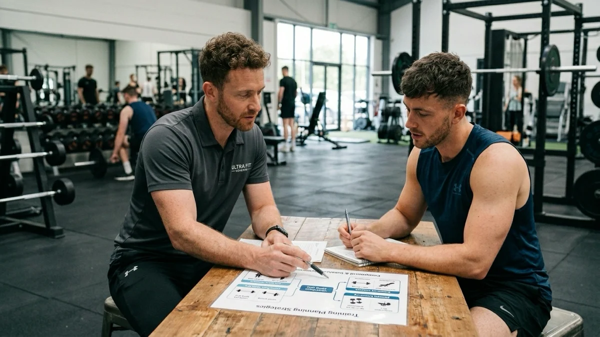 Un entraîneur aidant un homme à intégrer des exercices polyarticulaires dans sa routine.