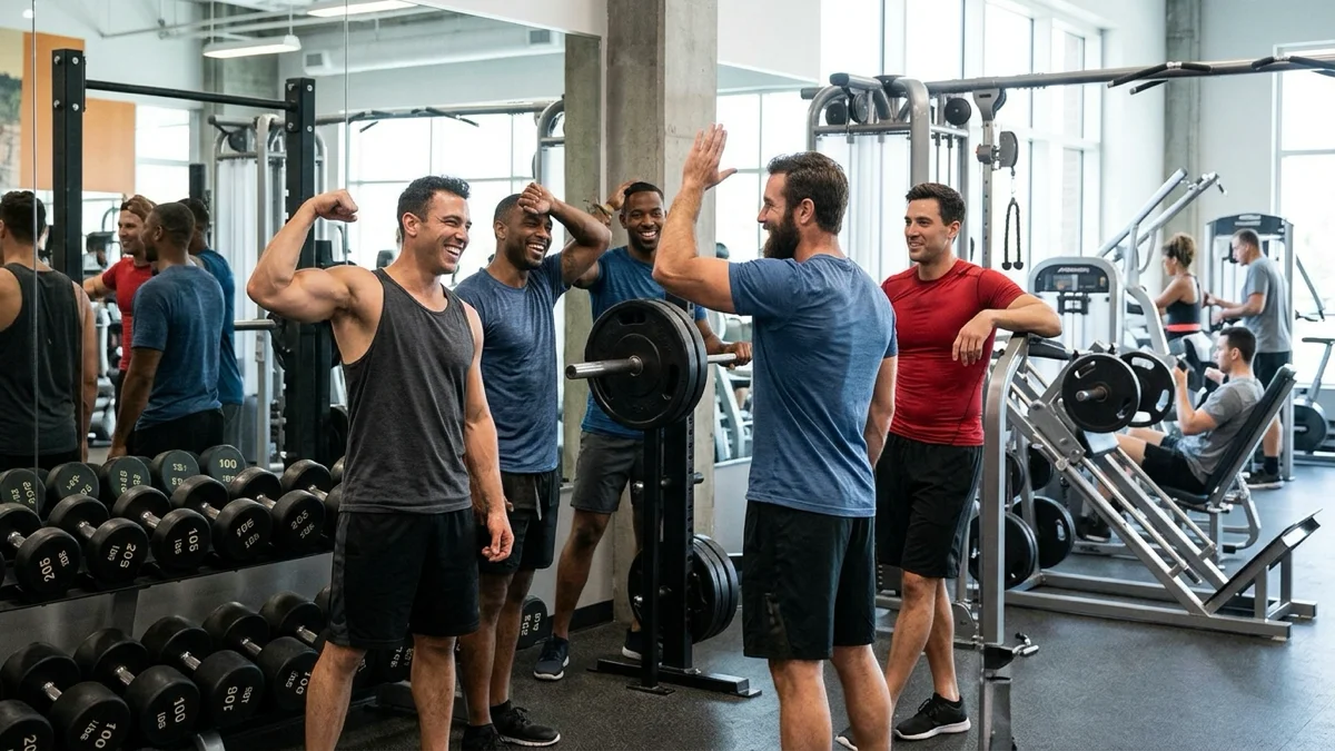 Des hommes montrant leurs muscles après des exercices polyarticulaires.