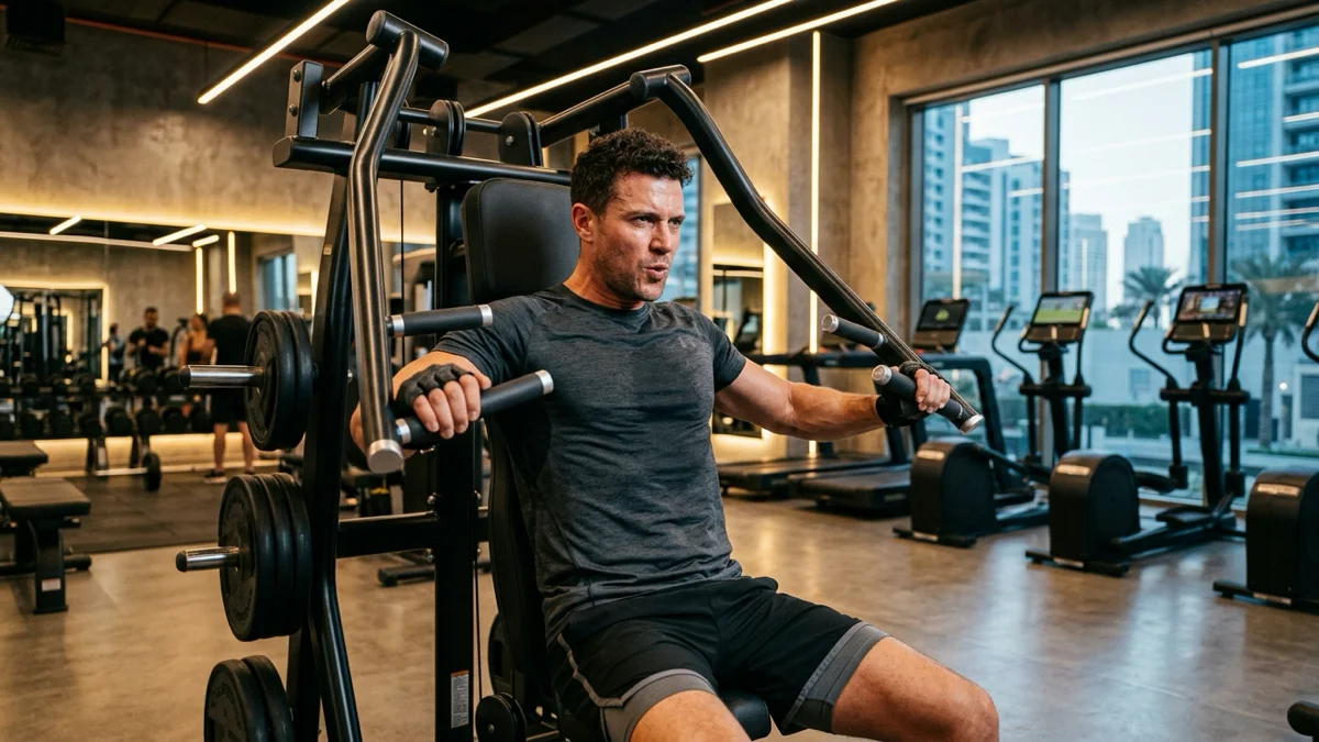 Un homme s'entraînant à la musculation dans une salle moderne, illustrant la fréquence d'entraînement en musculation. — fréquence d’entraînement en musculation