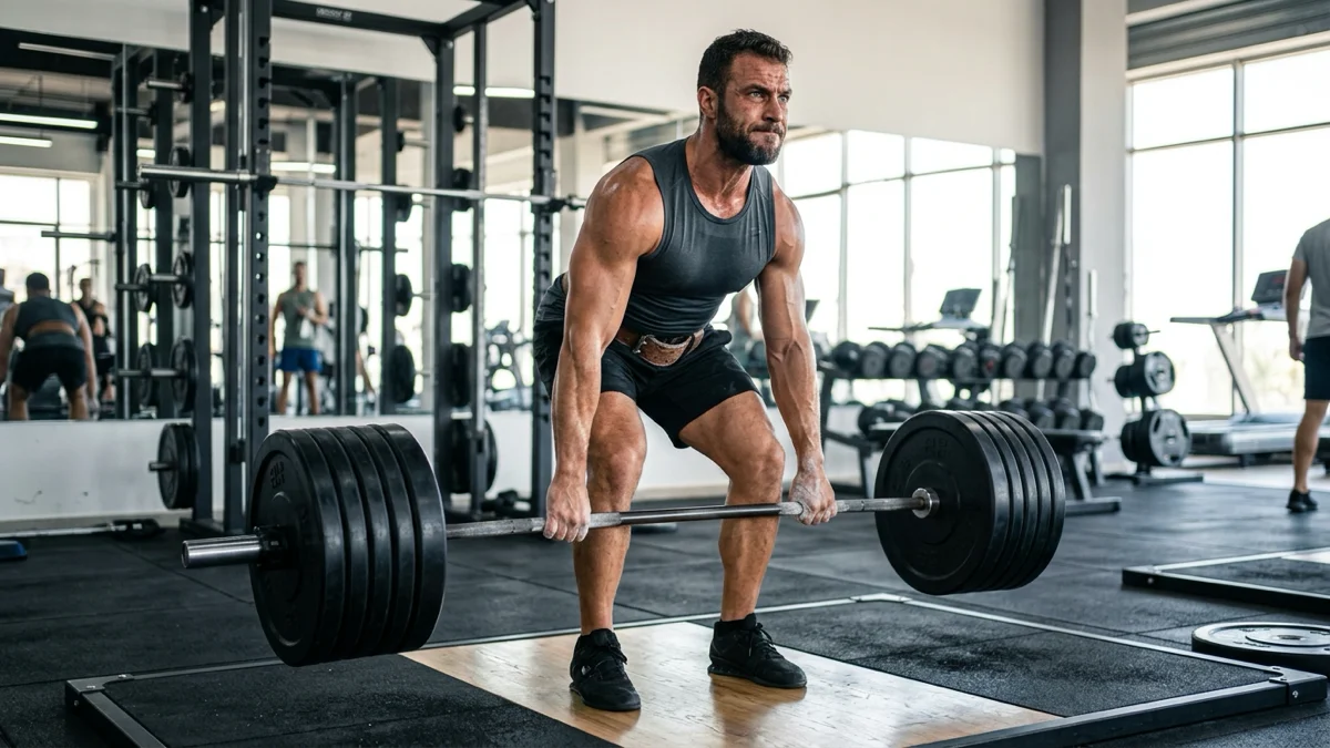 Un homme musclé effectuant un soulevé de terre avec une barre chargée au Moov Up Power Gym, illustrant la surcharge progressive en musculation.