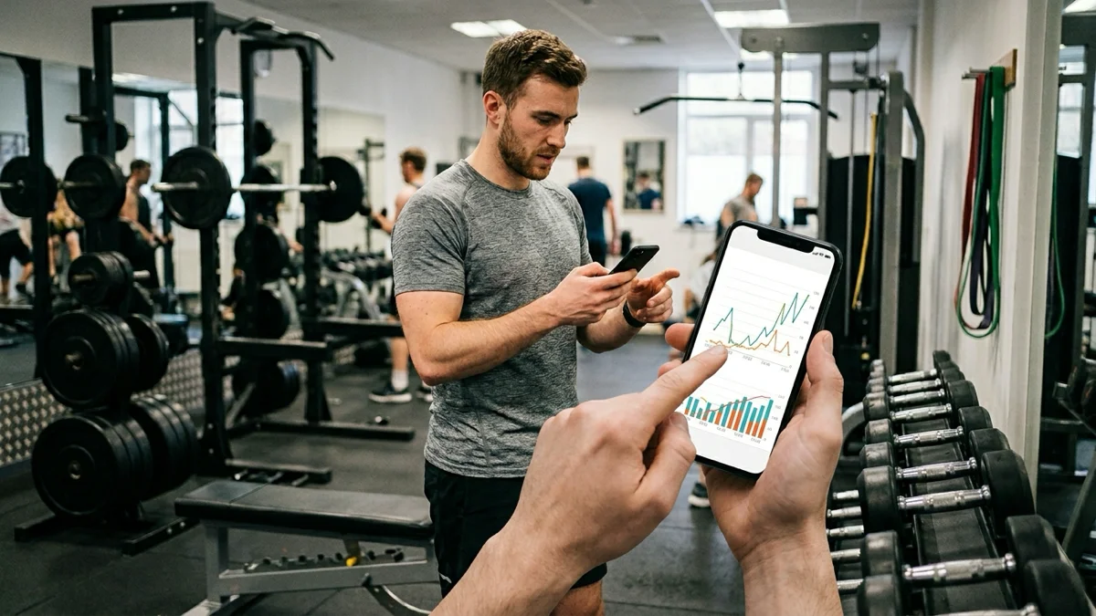 Un homme utilisant une application pour calculer son volume d'entraînement. — volume d’entraînement en musculation