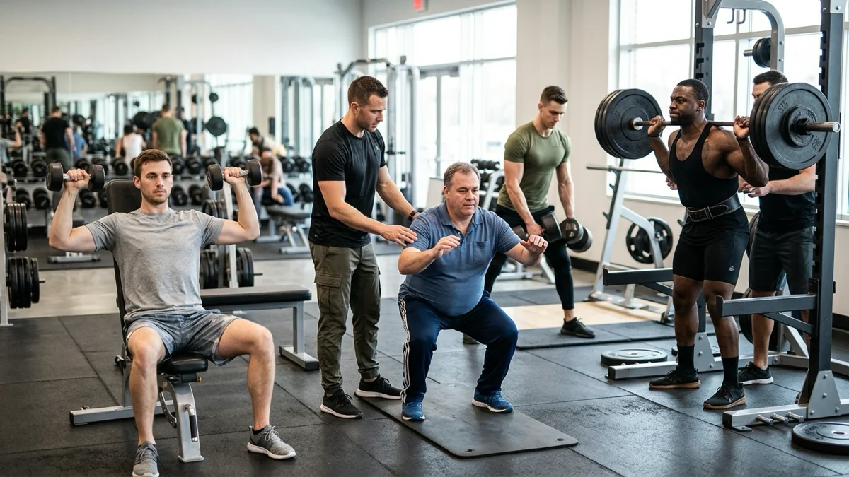 Un homme de différents niveaux d'expérience s'entraînant avec des séries et répétitions en musculation.