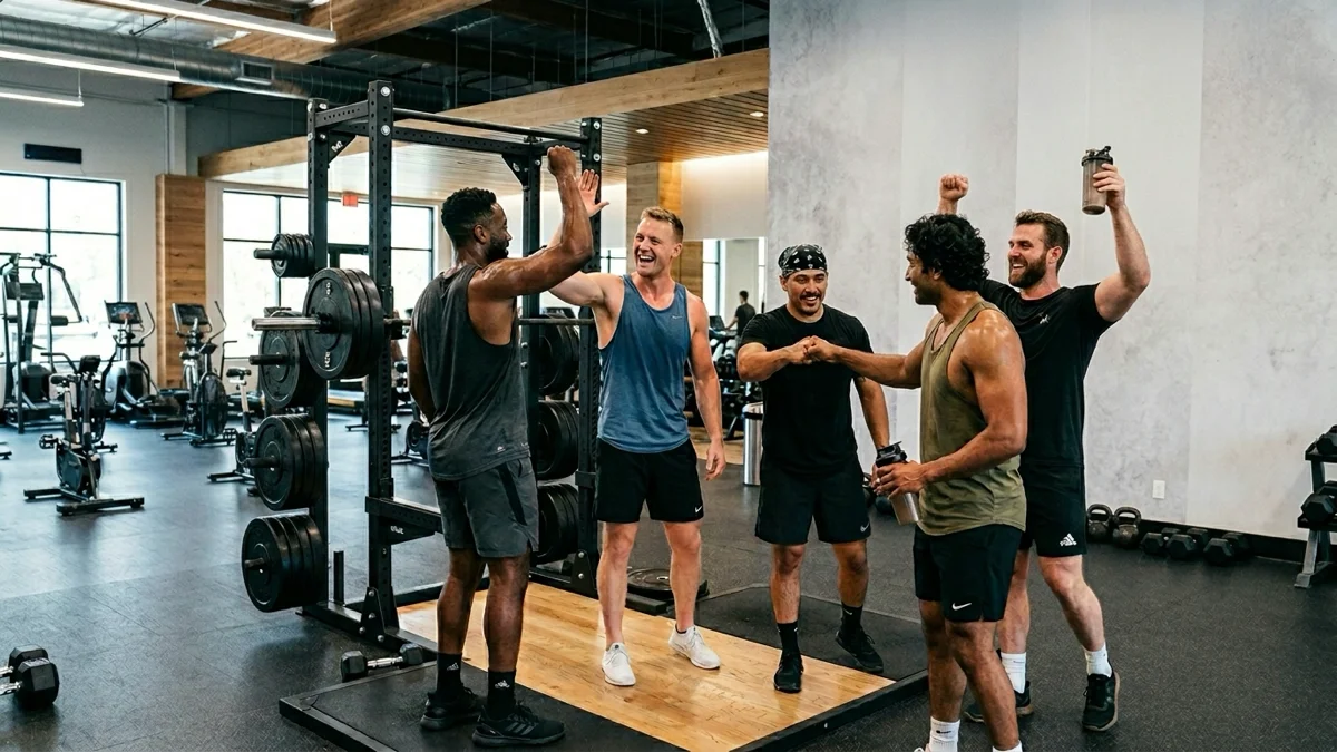 Un groupe d'hommes motivés célébrant leurs réussites en musculation. — séries et répétitions en musculation