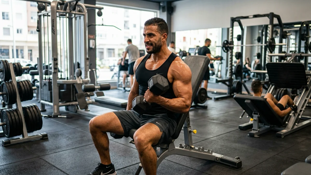 Un homme s'entraîne en musculation, exécutant des séries et répétitions pour atteindre ses objectifs. Une ambiance dynamique et moderne à Moov Up Power Gym à Agadir. — séries et répétitions en musculation