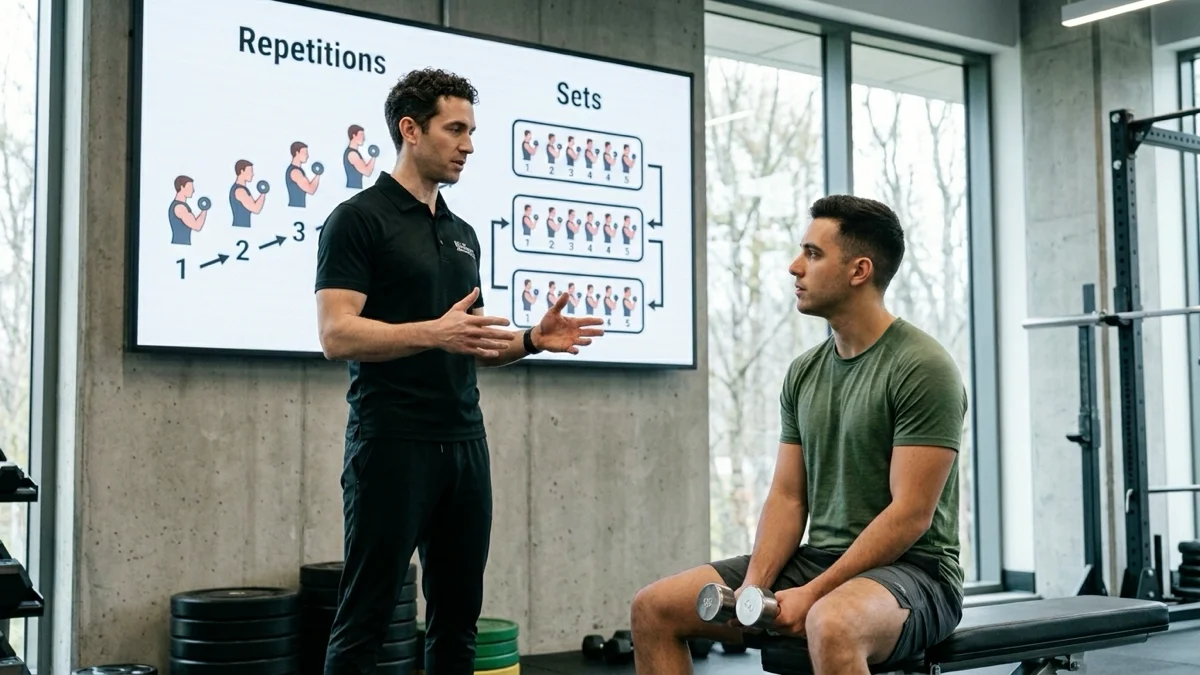 Un coach montrant comment effectuer des séries et répétitions en musculation.