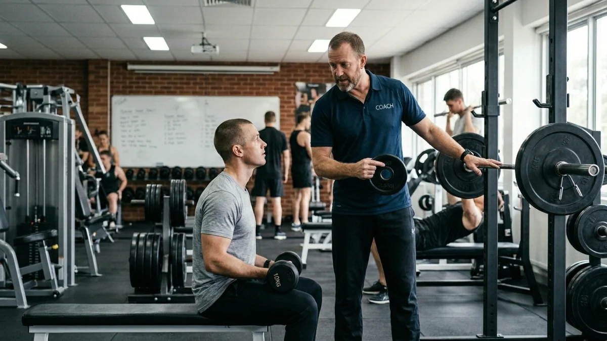 Un entraîneur expliquant à un jeune homme comment ajuster ses poids pour une musculation efficace. — surcharge progressive en musculation