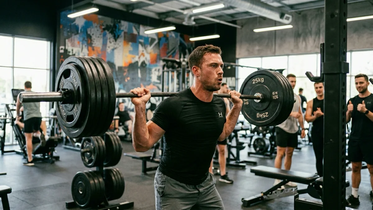 Un homme soulevant des poids avec une attention particulière à sa technique, illustrant la surcharge progressive en musculation.