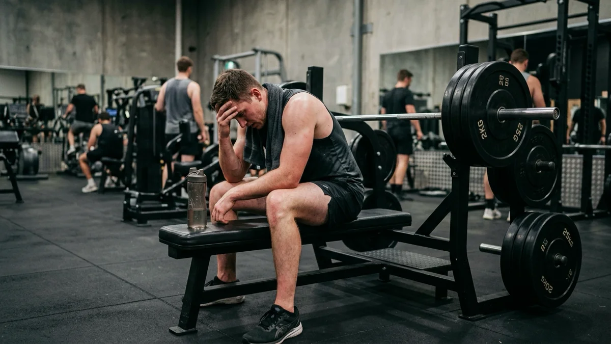 Un sportif prenant un temps de repos après un entraînement intense, mettant en démonstration l'importance du repos en musculation. — surcharge progressive en musculation