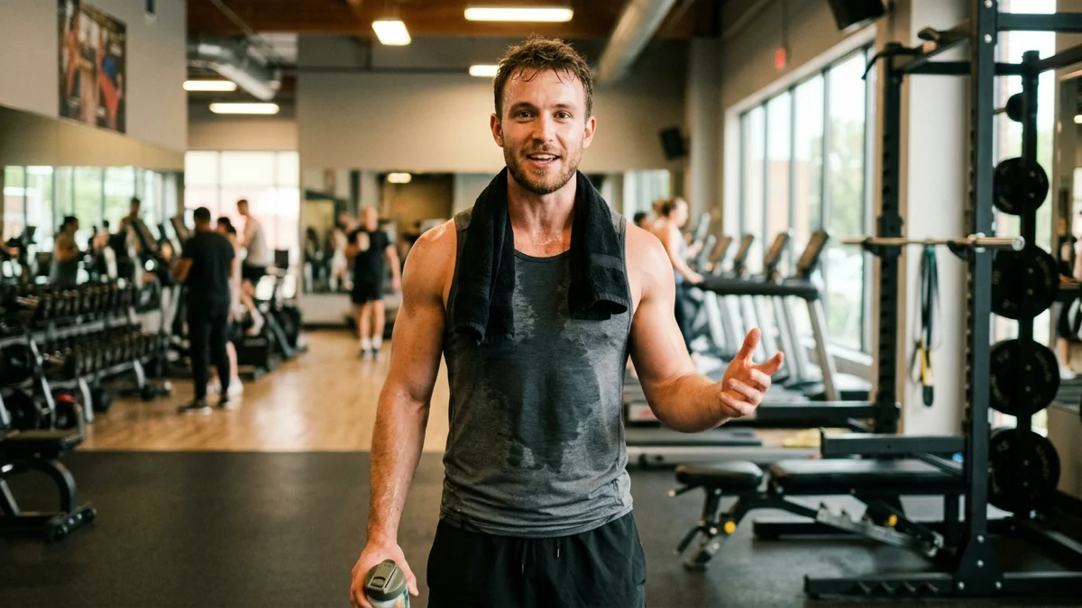 Un homme souriant dans une salle de sport, prêt à continuer son parcours de musculation avec motivation. — surcharge progressive en musculation